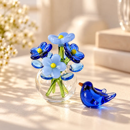 Glass Flower Vase & Bird Set Handmade Miniature Decor