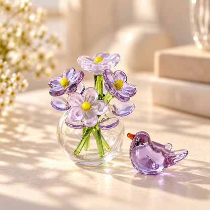 Glass Flower Vase & Bird Set Handmade Miniature Decor