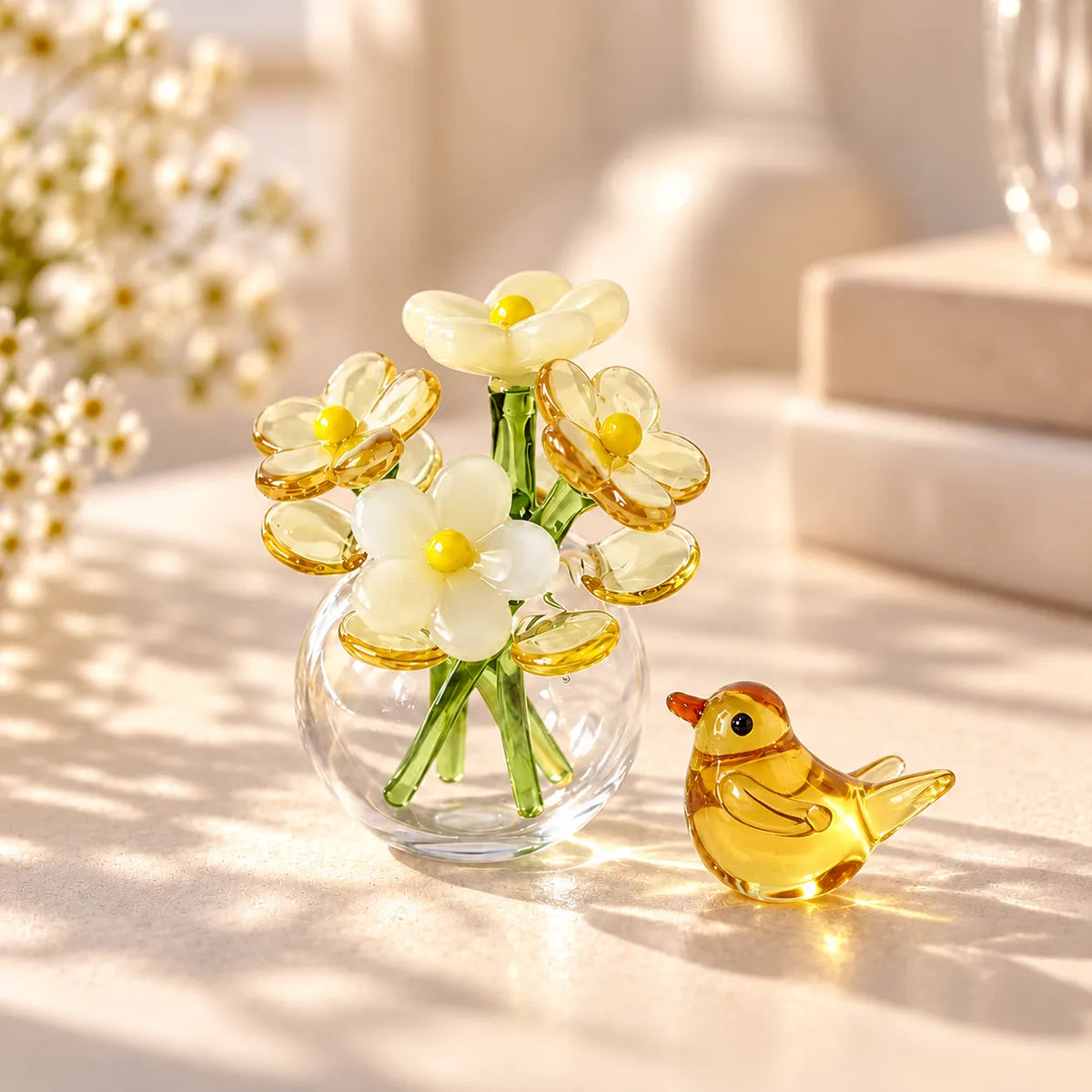 Glass Flower Vase & Bird Set Handmade Miniature Decor