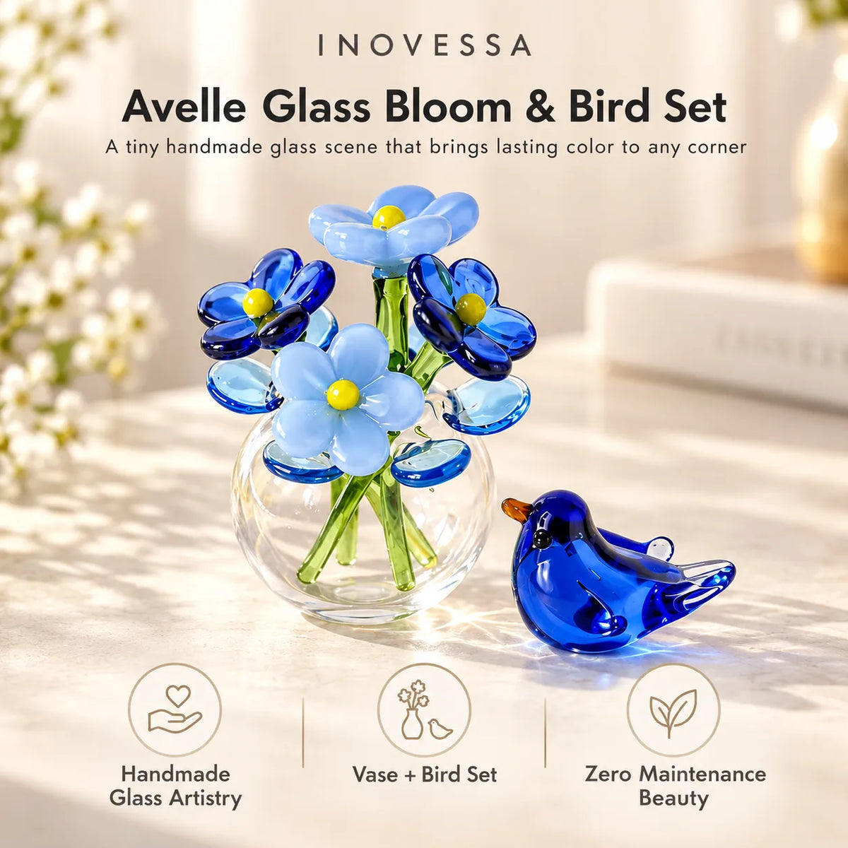 Glass Flower Vase & Bird Set Handmade Miniature Decor