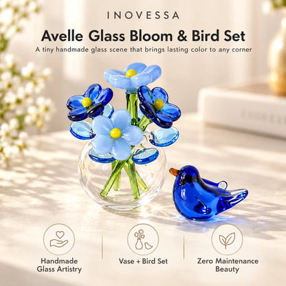 Glass Flower Vase & Bird Set Handmade Miniature Decor