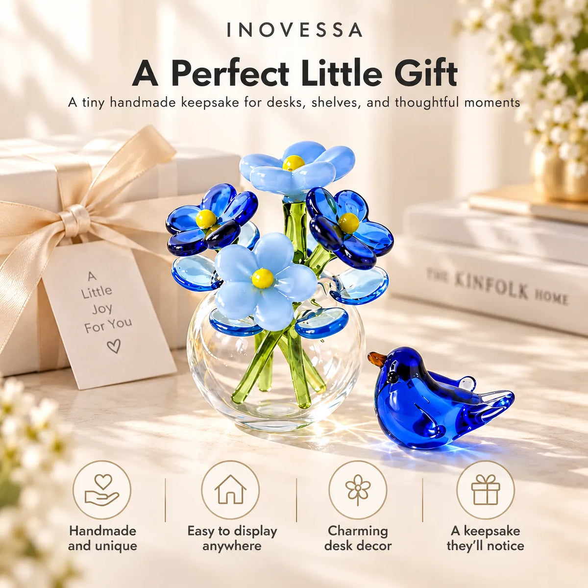 Glass Flower Vase & Bird Set Handmade Miniature Decor