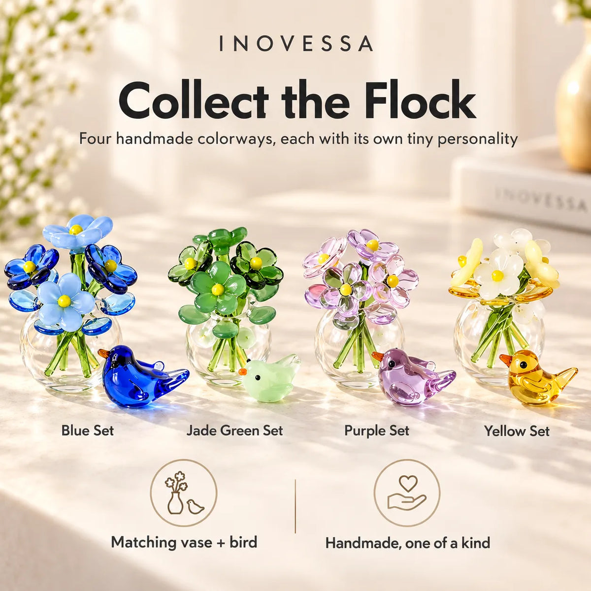 Glass Flower Vase & Bird Set Handmade Miniature Decor
