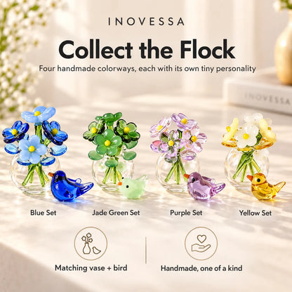 Glass Flower Vase & Bird Set Handmade Miniature Decor