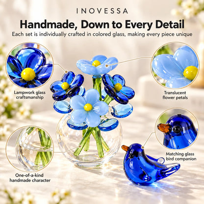 Glass Flower Vase & Bird Set Handmade Miniature Decor