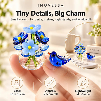 Glass Flower Vase & Bird Set Handmade Miniature Decor