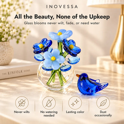 Glass Flower Vase & Bird Set Handmade Miniature Decor