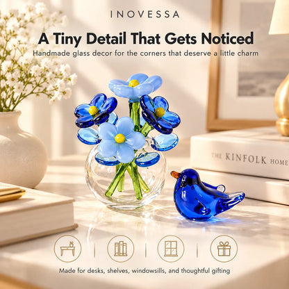 Glass Flower Vase & Bird Set Handmade Miniature Decor