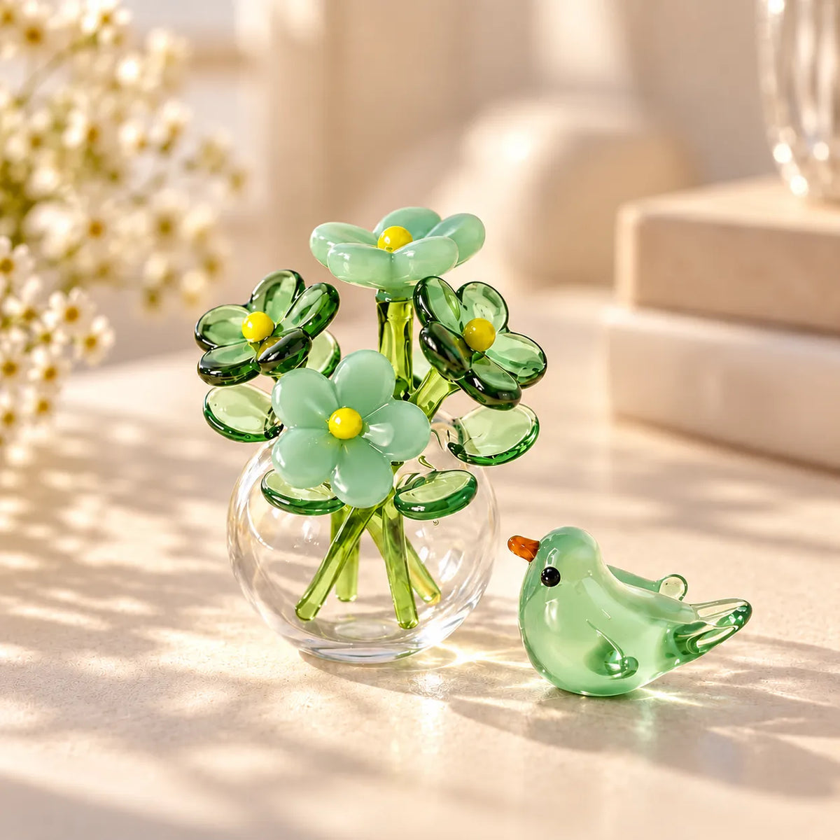Glass Flower Vase & Bird Set Handmade Miniature Decor