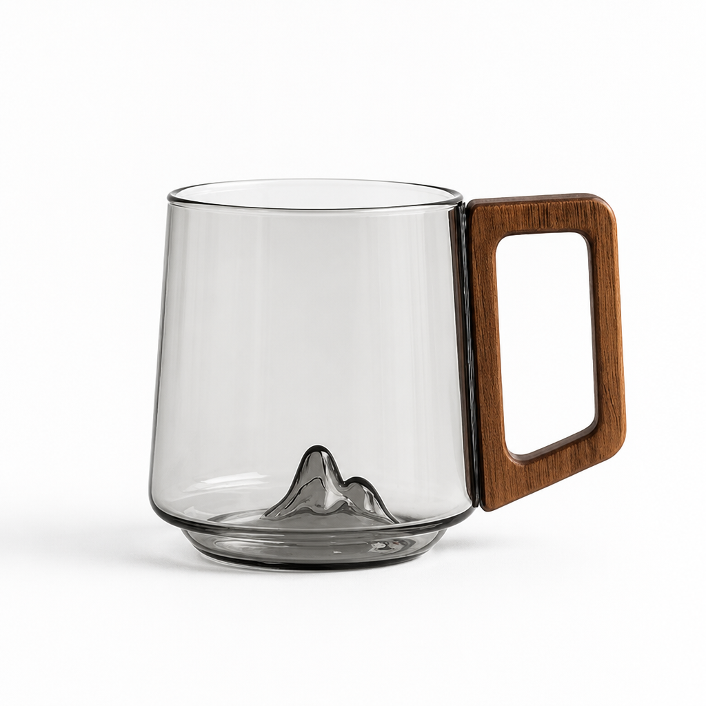 Glass Mug Heat-Resistant Borosilicate Wooden Handle Mountain Base
