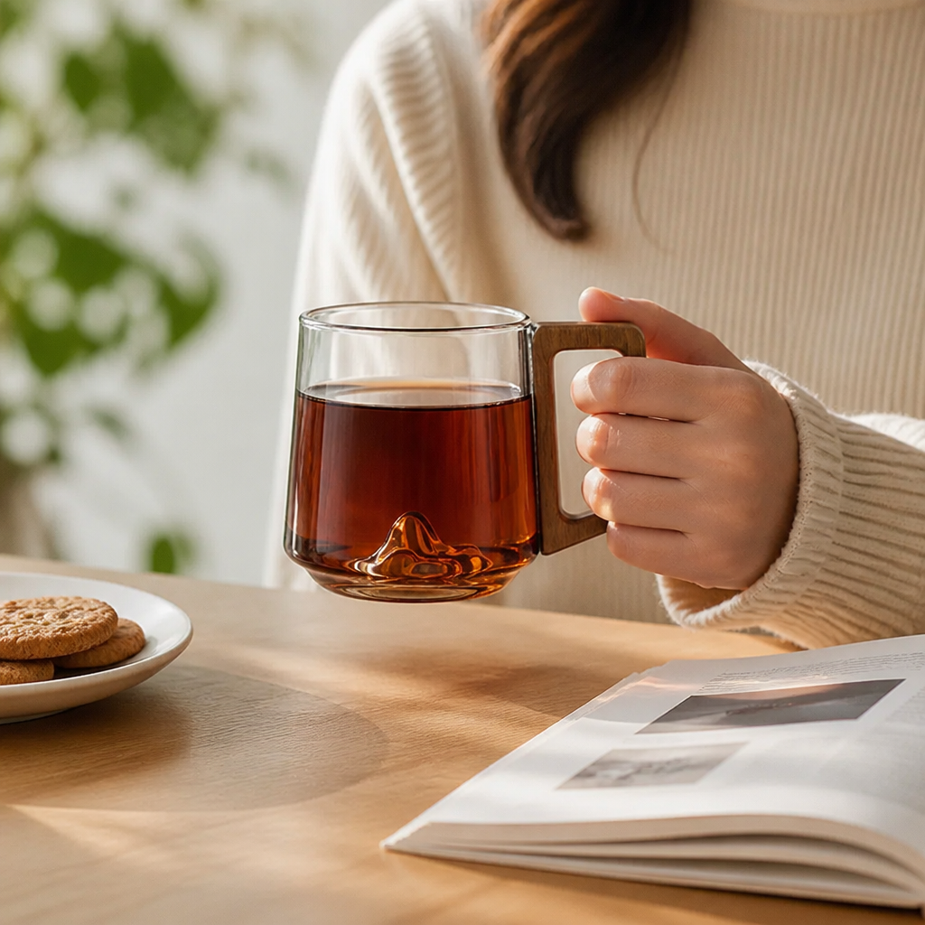Glass Mug Heat-Resistant Borosilicate Wooden Handle Mountain Base