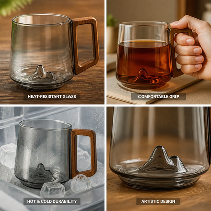 Glass Mug Heat-Resistant Borosilicate Wooden Handle Mountain Base