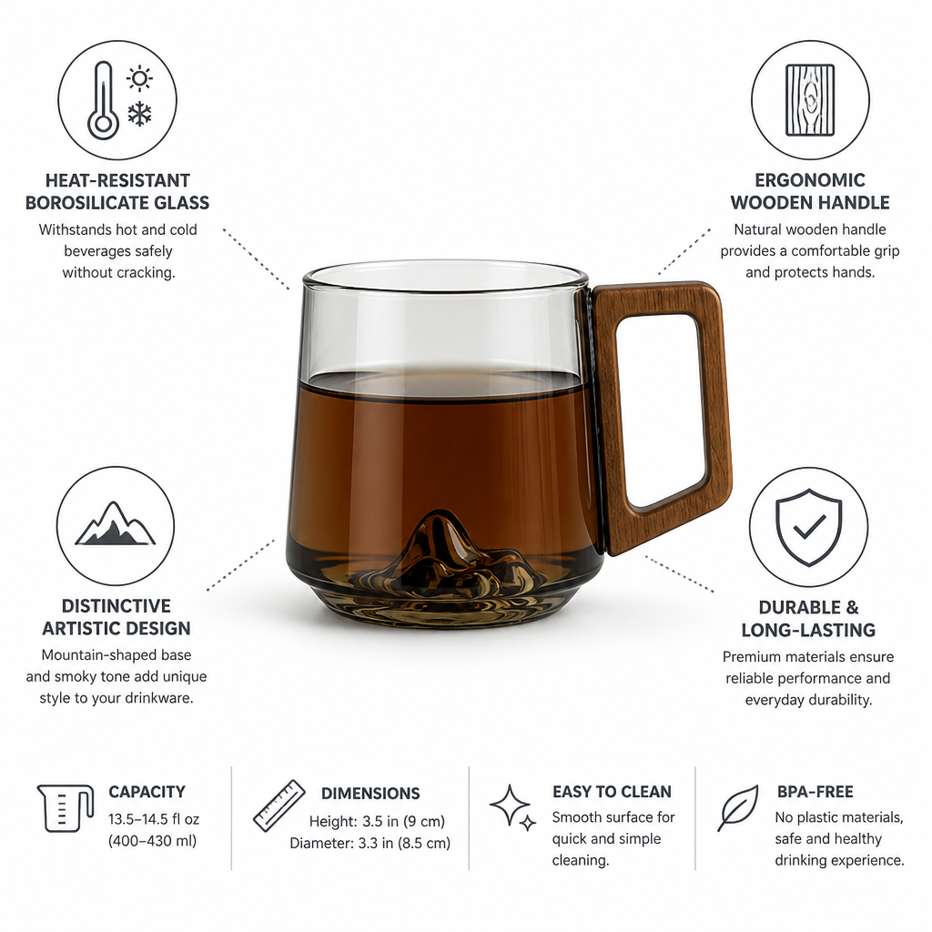 Glass Mug Heat-Resistant Borosilicate Wooden Handle Mountain Base