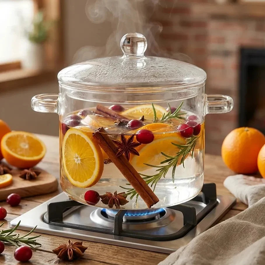 Glass Simmer Pot Borosilicate Stovetop-Safe With Lid