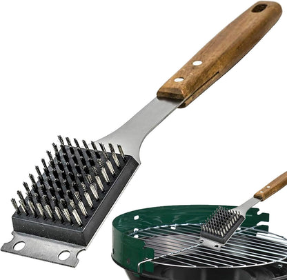 Grill Brush Stainless Steel Bristles Acacia Handle Replaceable Head