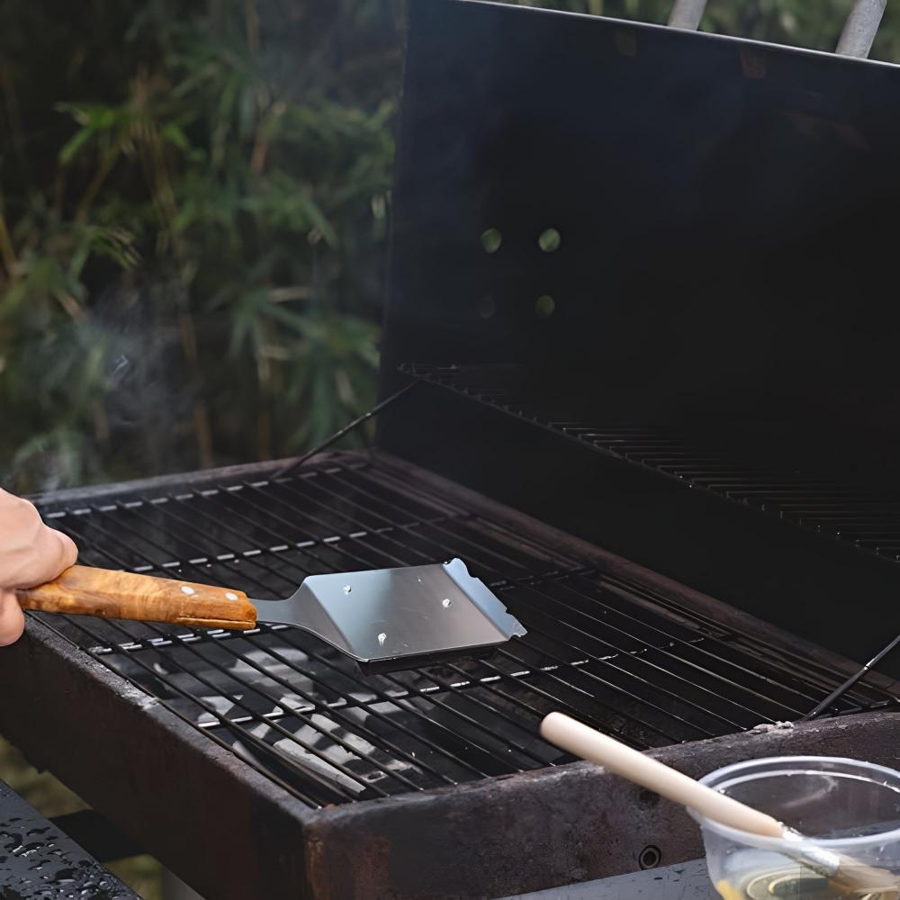 Grill Brush Stainless Steel Bristles Acacia Handle Replaceable Head
