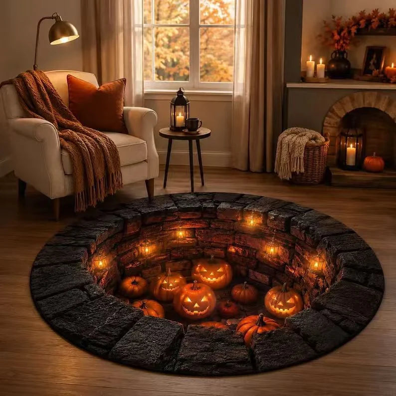 Halloween Rug 3D Pumpkin & Lantern Design Spot-Clean Surface