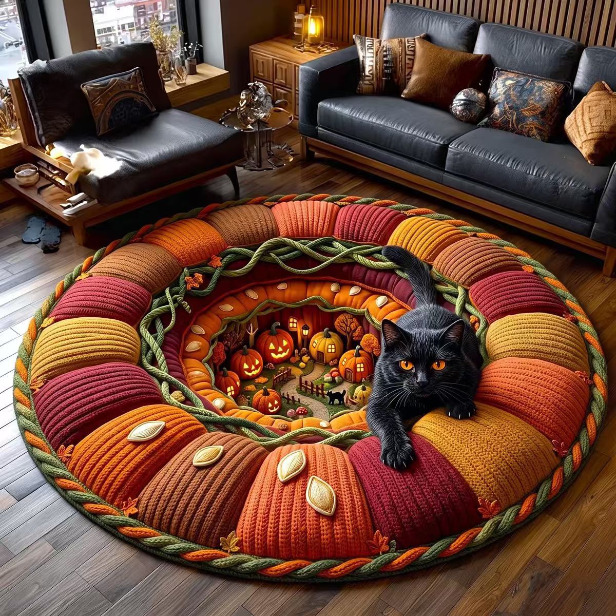 Halloween Rug 3D Pumpkin & Lantern Design Spot-Clean Surface