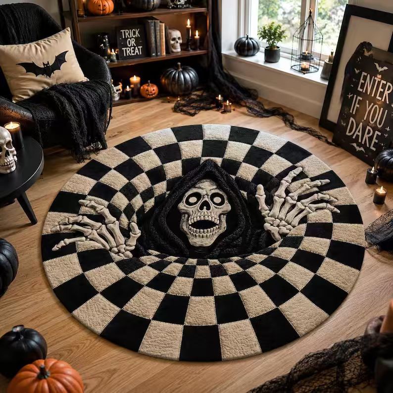 Halloween Rug 3D Pumpkin & Lantern Design Spot-Clean Surface