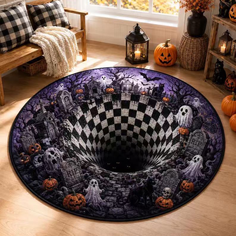 Halloween Rug 3D Pumpkin & Lantern Design Spot-Clean Surface