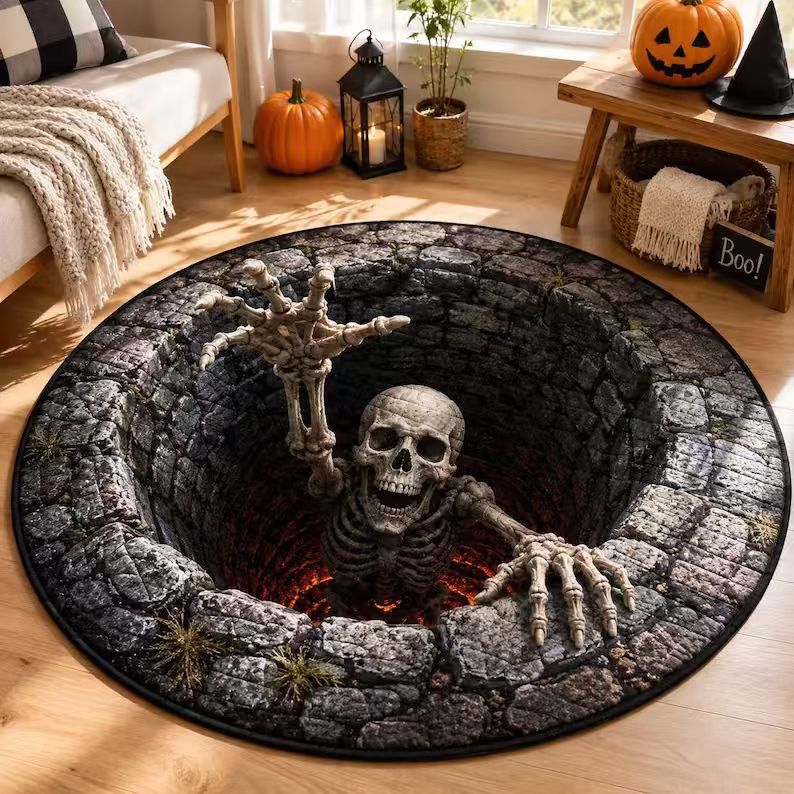Halloween Rug 3D Pumpkin & Lantern Design Spot-Clean Surface