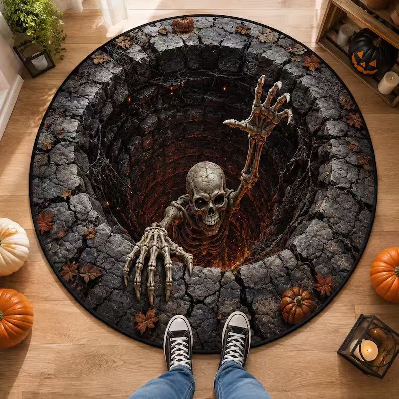 Halloween Rug 3D Pumpkin & Lantern Design Spot-Clean Surface