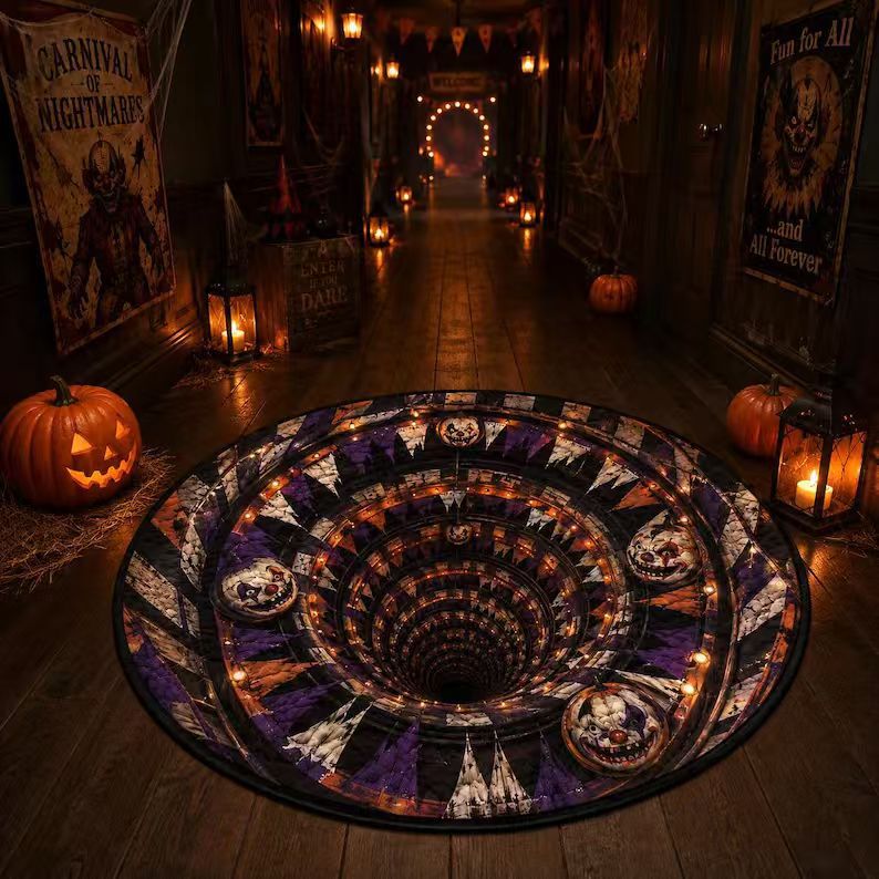 Halloween Rug 3D Pumpkin & Lantern Design Spot-Clean Surface