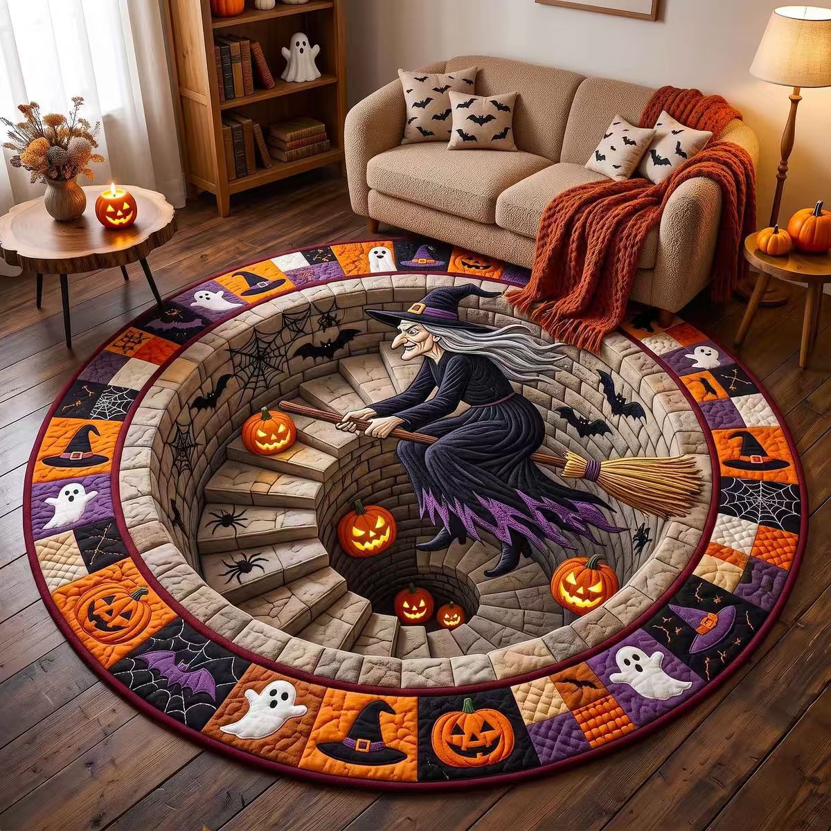 Halloween Rug 3D Pumpkin & Lantern Design Spot-Clean Surface