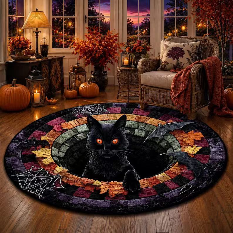 Halloween Rug 3D Pumpkin & Lantern Design Spot-Clean Surface