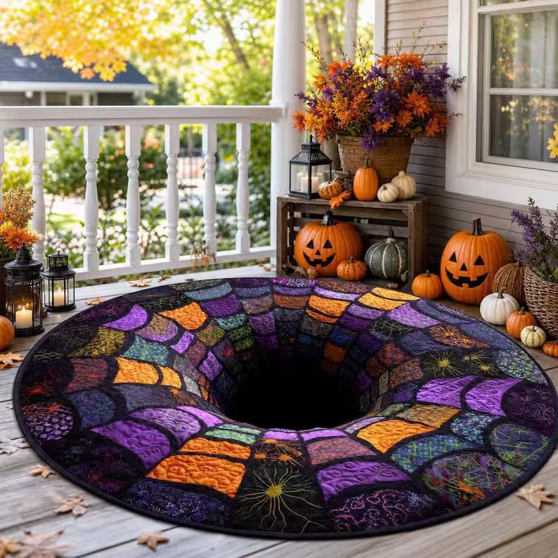 Halloween Rug 3D Pumpkin & Lantern Design Spot-Clean Surface