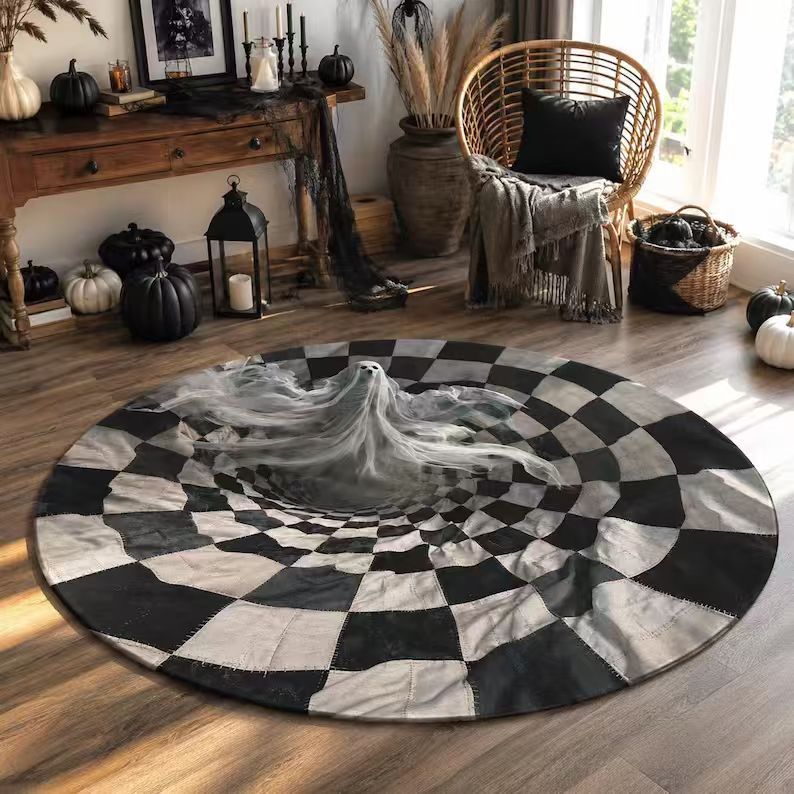 Halloween Rug 3D Pumpkin & Lantern Design Spot-Clean Surface