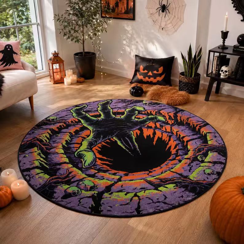 Halloween Rug 3D Pumpkin & Lantern Design Spot-Clean Surface