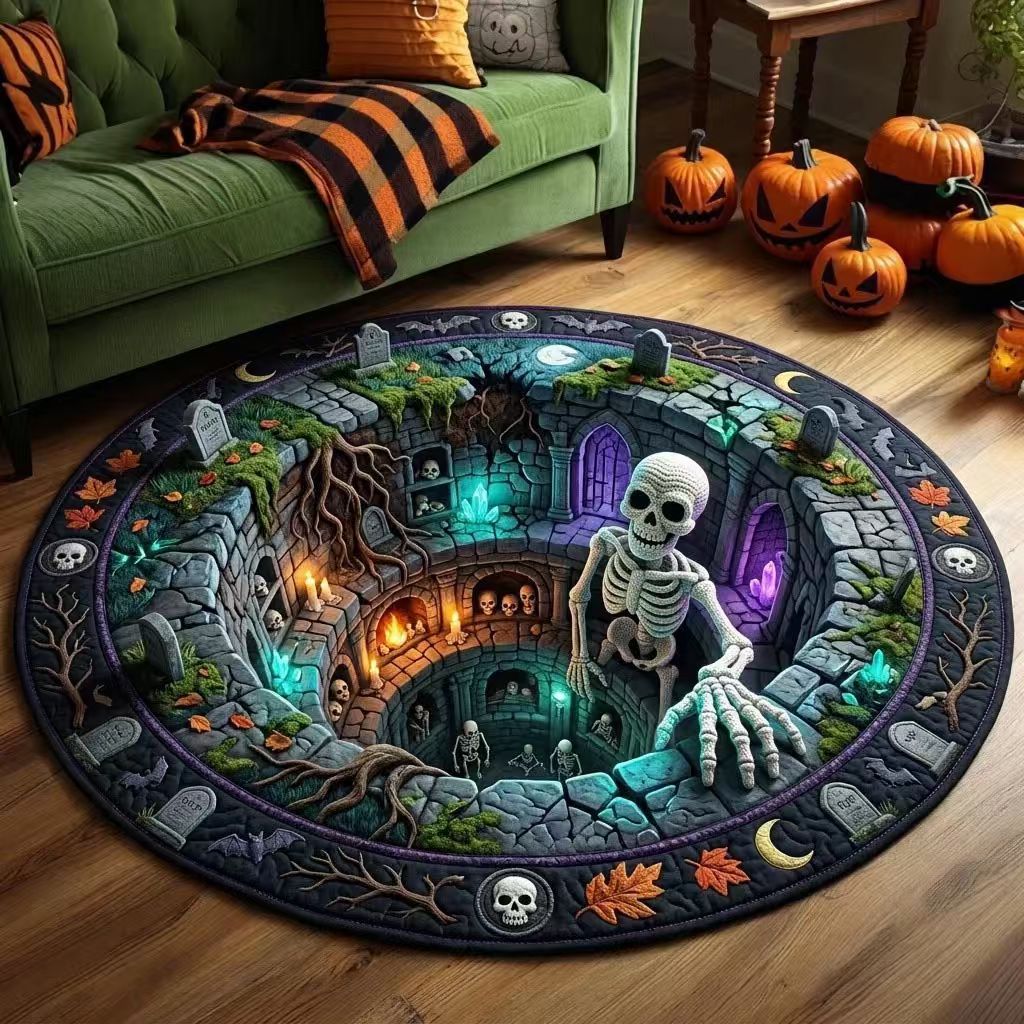 Halloween Rug 3D Pumpkin & Lantern Design Spot-Clean Surface
