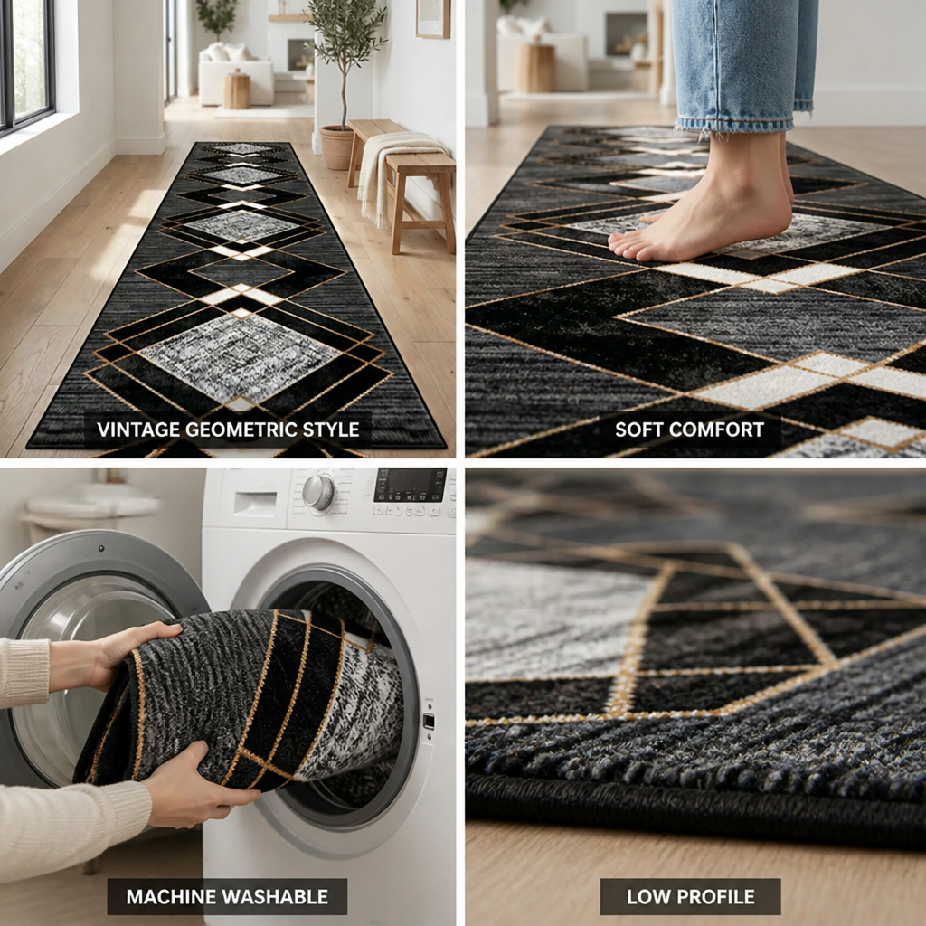 Hallway Runner Rug Vintage Geometric Low Pile Machine Washable