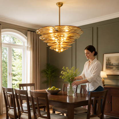 Hand-Cut Glass Copper-Finish Tiered Chandelier (Integrated Lights)