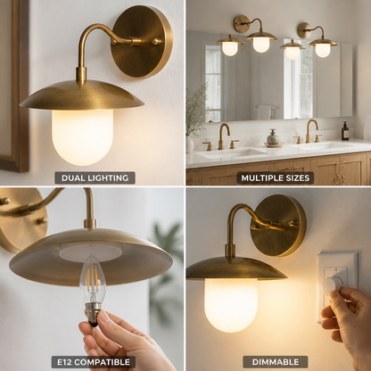 Hand-Finished Antique Brass Frosted Opal Wall Sconce (1-3 Head Options, Hardwired & Dimmable)