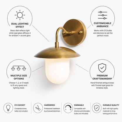 Hand-Finished Antique Brass Frosted Opal Wall Sconce (1-3 Head Options, Hardwired & Dimmable)