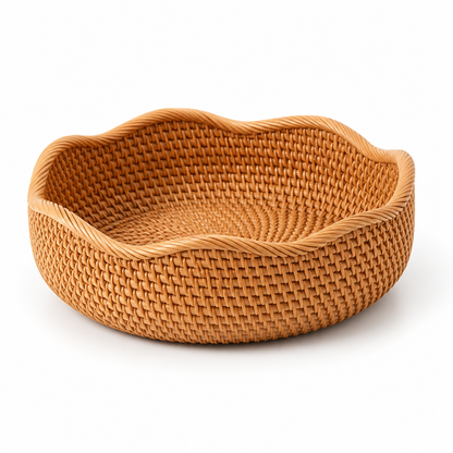 Hand-Woven Natural Rattan Scalloped Wavy Rim Fruit Basket (Stackable)