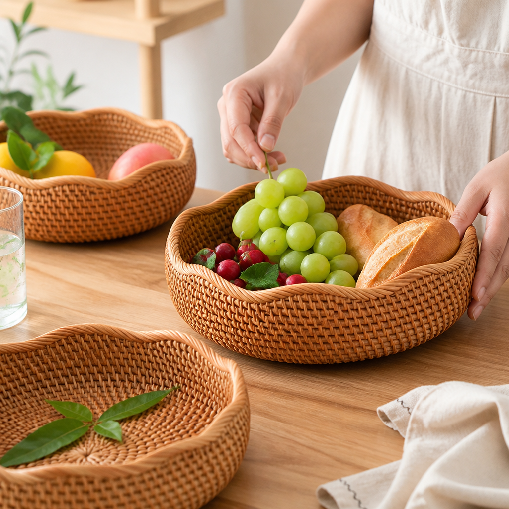 Hand-Woven Natural Rattan Scalloped Wavy Rim Fruit Basket (Stackable)