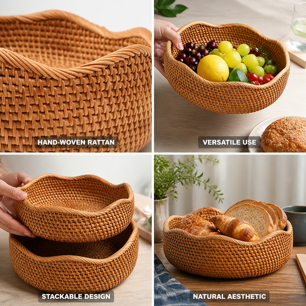 Hand-Woven Natural Rattan Scalloped Wavy Rim Fruit Basket (Stackable)