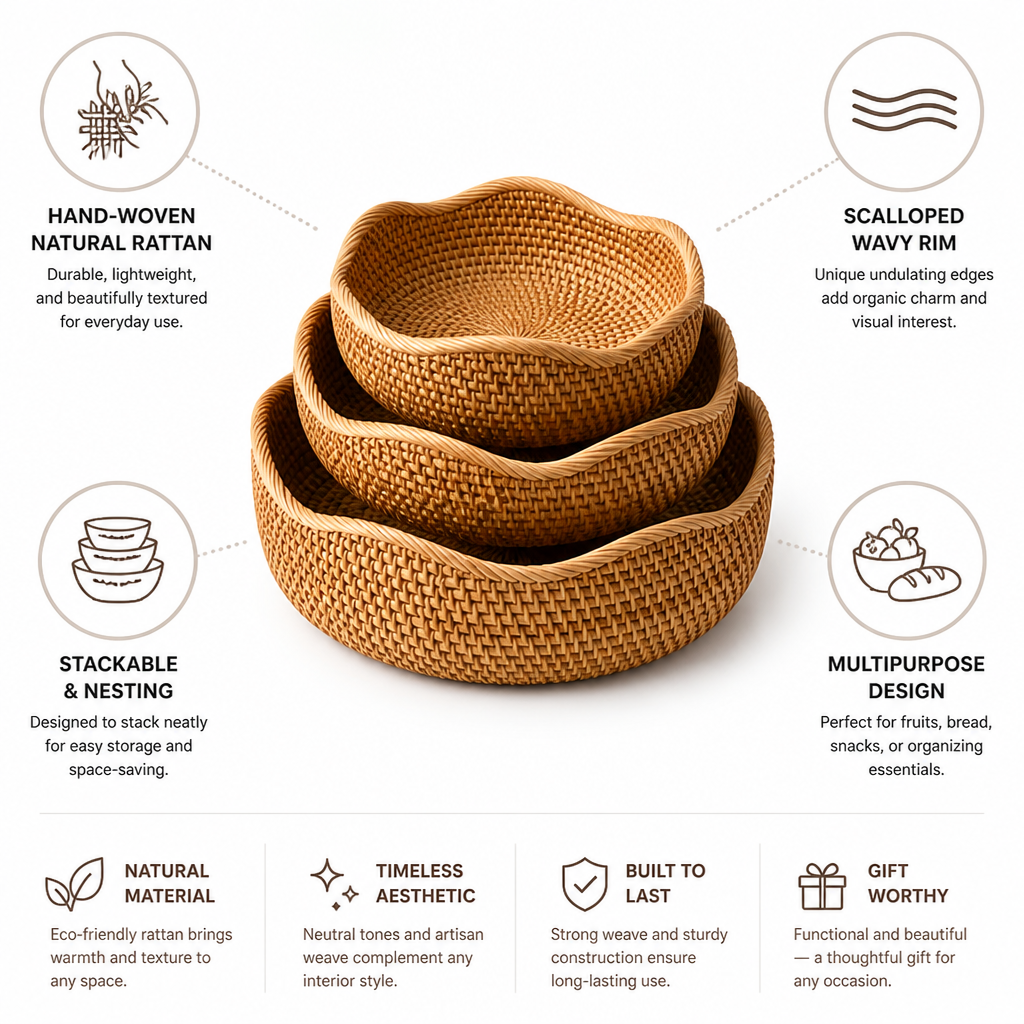 Hand-Woven Natural Rattan Scalloped Wavy Rim Fruit Basket (Stackable)