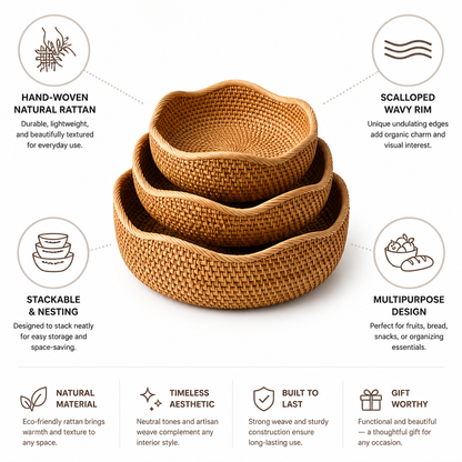 Hand-Woven Natural Rattan Scalloped Wavy Rim Fruit Basket (Stackable)