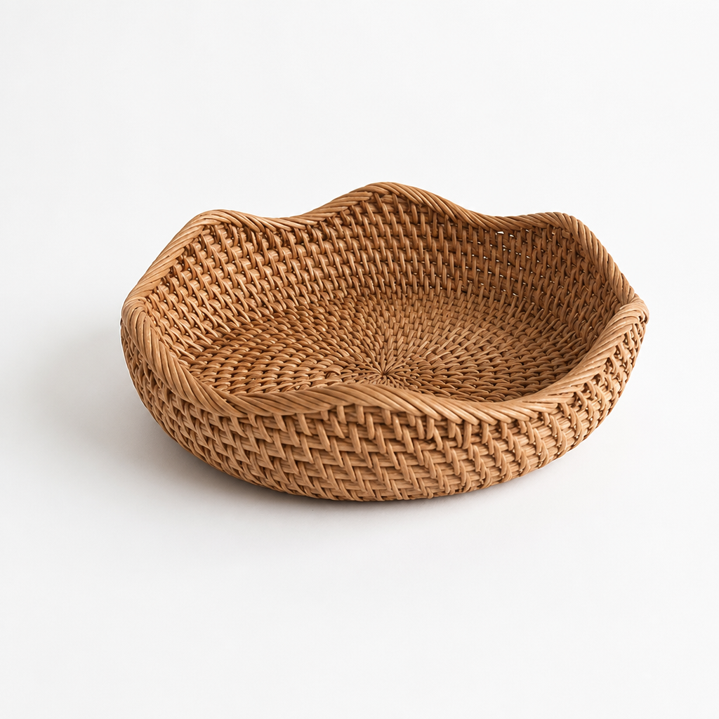 Hand-Woven Natural Rattan Scalloped Wavy Rim Fruit Basket (Stackable)