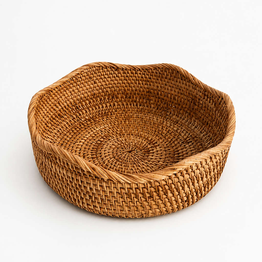 Hand-Woven Natural Rattan Scalloped Wavy Rim Fruit Basket (Stackable)