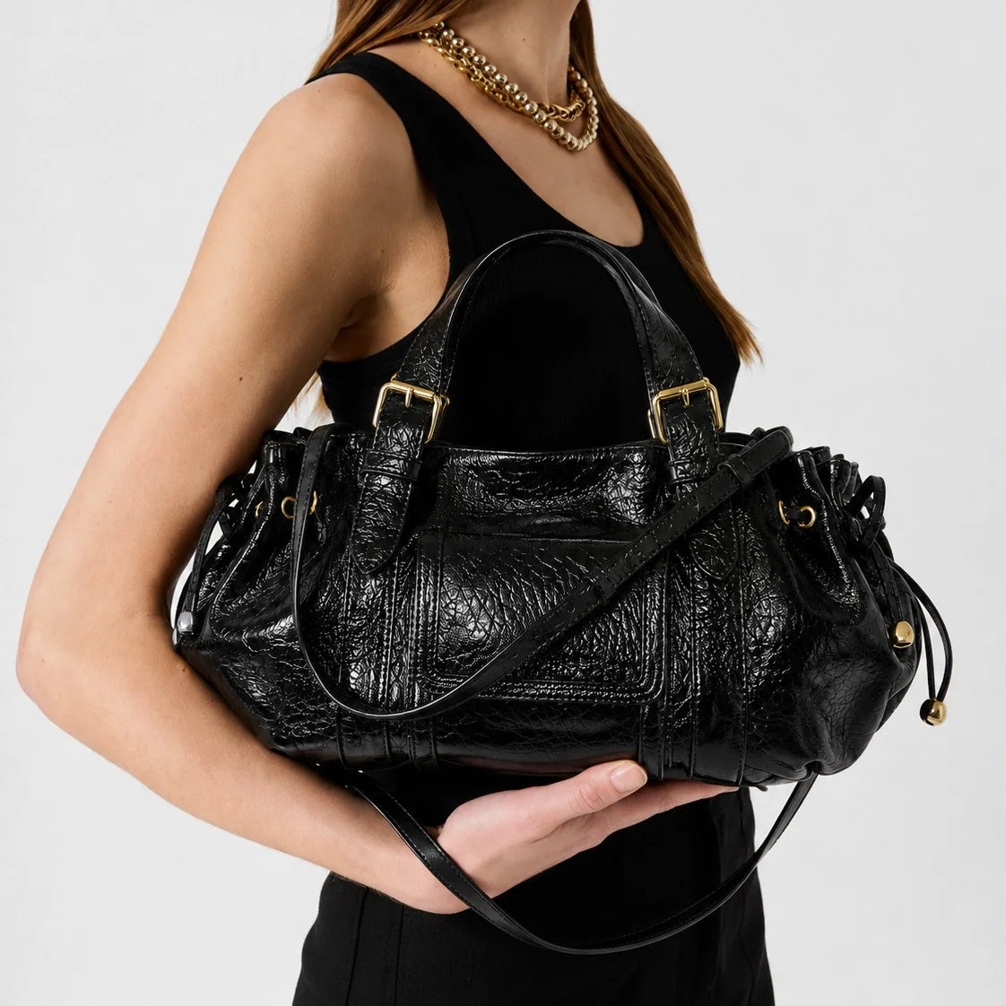 Handbag Textured Leather Detachable Shoulder Strap