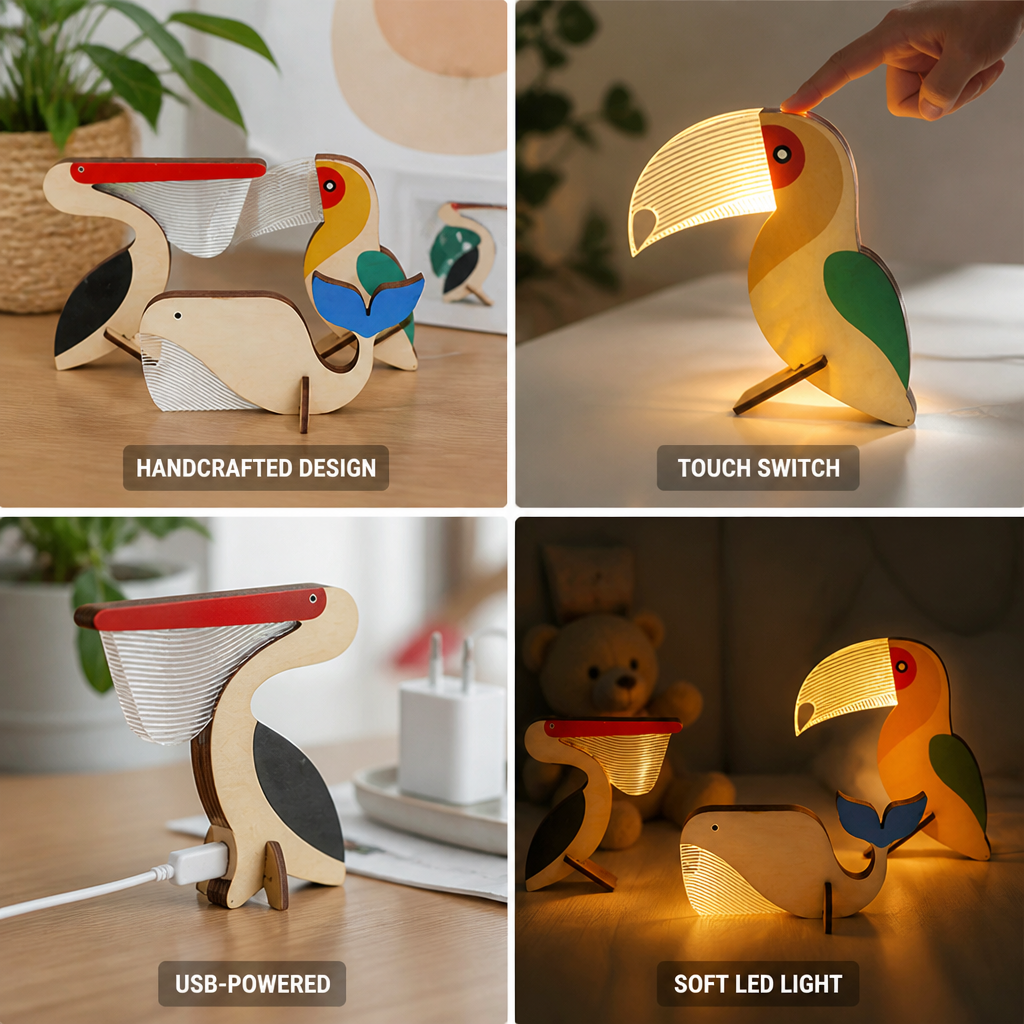 Handcrafted Wood Soft LED Animal Night Lamp (USB-Powered)