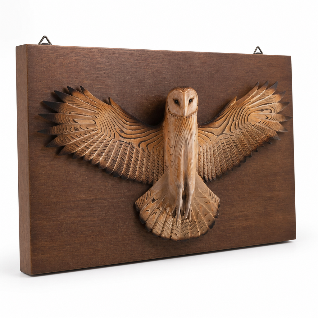 Handmade Carved Wood Owl Wall Sculpture