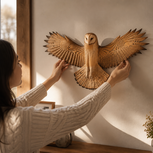 Handmade Carved Wood Owl Wall Sculpture