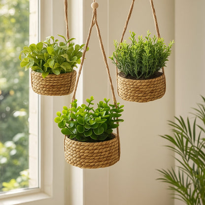 Hanging Faux Plant Woven Basket Pot Low Maintenance