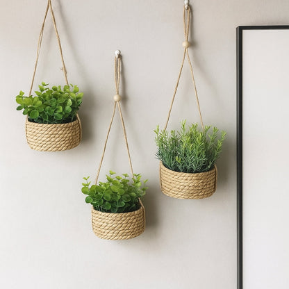 Hanging Faux Plant Woven Basket Pot Low Maintenance
